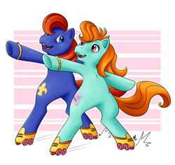 Size: 1842x1737 | Tagged: safe, artist:shini-smurf, imported from derpibooru, bright eyes, lancer, earth pony, my little pony tales, dancing, g1, jewelry, ring, roller skates, shipping, simple background, skates, smiling, wedding ring