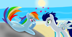 Size: 1980x1020 | Tagged: safe, artist:mlplary6, imported from derpibooru, rainbow dash, soarin', pegasus, pony, seapony (g4), beach, female, heart, in love, looking at each other, looking at someone, love, male, mare, seaponified, seapony rainbow dash, ship:soarindash, shipping, smiling, smiling at each other, species swap, stallion, straight