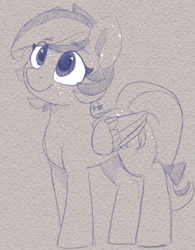 Size: 669x858 | Tagged: safe, artist:hazaplan, oc, oc:dusty feather, pegasus, bow, female, freckles, happy, looking up, mare, monochrome, simple background, solo, tail bow