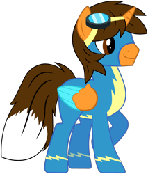 Size: 3328x3904 | Tagged: safe, artist:star-armour95, imported from derpibooru, oc, oc only, oc:ej, alicorn, pony, clothes, colored wings, fox tail, goggles, goggles on head, male, multicolored wings, simple background, solo, stallion, tail, transparent background, uniform, vector, wings, wonderbolts, wonderbolts uniform