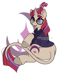 Size: 3850x4827 | Tagged: safe, artist:goatburps, imported from derpibooru, moondancer, pony, unicorn, clothes, glasses, simple background, sitting, solo, sweater, watermark