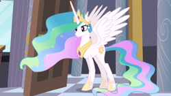 Size: 1000x563 | Tagged: safe, imported from derpibooru, screencap, princess celestia, alicorn, princess twilight sparkle (episode), crown, female, full body, jewelry, princess, queen, regalia, solo, solo female