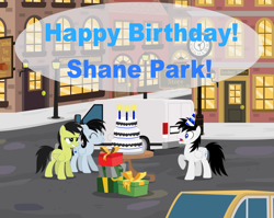 Size: 6242x4978 | Tagged: safe, artist:creedyboy124, imported from derpibooru, surprise, oc, oc:chloe park, oc:sadie park, oc:shane park, pegasus, birthday, cake, candle, city, female, food, g1, hat, male, mare, party hat, present, shocked, stallion, van