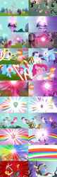 Size: 2000x6191 | Tagged: safe, imported from derpibooru, screencap, applejack, discord, fluttershy, pinkie pie, rainbow dash, rarity, twilight sparkle, alicorn, draconequus, earth pony, pegasus, pony, unicorn, keep calm and flutter on, princess twilight sparkle (episode), season 3, season 4, bathtub, black vine, comparison, element of generosity, element of honesty, element of kindness, element of laughter, element of loyalty, element of magic, elements of harmony, mane six, rainbow, recycled animation, side by side, statue discord, twilight sparkle (alicorn), unicorn twilight