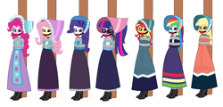 Size: 2581x1244 | Tagged: safe, artist:brightstar40k, imported from derpibooru, applejack, fluttershy, pinkie pie, rainbow dash, rarity, sci-twi, sunset shimmer, twilight sparkle, human, equestria girls, bondage, bound and gagged, clothes, dress, gag, humane five, humane seven, humane six, long dress, long skirt, pole tied, skirt, solo, tied up, victorian, victorian dress