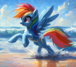 Size: 1786x1588 | Tagged: safe, artist:yidwags, imported from derpibooru, rainbow dash, pegasus, pony, beach, ocean, running, smiling, solo, spread wings, water, wings