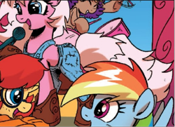 Size: 709x514 | Tagged: safe, idw, imported from derpibooru, prancy drew, rainbow dash, earth pony, pony, spoiler:comic, spoiler:comicff16, clothes, female, jem, jem and the holograms, mare, overalls, pony pickers, strawberry gem