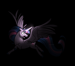 Size: 1500x1328 | Tagged: safe, artist:pandan009, imported from derpibooru, twilight sparkle, alicorn, pony, chiaroscuro, dark, glowing, glowing horn, horn, shrunken pupils, solo, spread wings, twilight sparkle (alicorn), wings