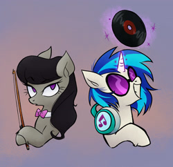 Size: 3100x3000 | Tagged: safe, artist:pandan009, imported from derpibooru, dj pon-3, octavia melody, vinyl scratch, earth pony, pony, unicorn, bow (instrument), bust, duo, grin, headphones, magic, magic aura, record, smiling, telekinesis