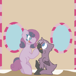 Size: 720x720 | Tagged: safe, imported from derpibooru, oc, oc only, oc:grumble, oc:raspberry ricochet, earth pony, griffon, pony, duo, griffon oc, hoof on chin, looking at each other, looking at someone, short tail, tail