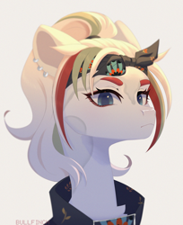 Size: 4088x5000 | Tagged: safe, artist:cherebushek, imported from derpibooru, oc, oc only, earth pony, pony, absurd file size, bandana, bust, clothes, commission, ear piercing, earring, female, jewelry, mare, piercing, ponytail, simple background, solo