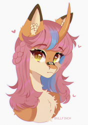 Size: 2418x3426 | Tagged: safe, artist:cherebushek, imported from derpibooru, oc, oc only, pony, unicorn, bandaid, bandaid on nose, bust, chest fluff, curved horn, ear fluff, eyebrows, eyebrows visible through hair, female, hair braid, heart, horn, mare, simple background, solo, white background