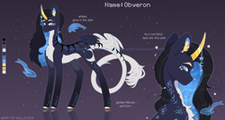 Size: 5000x2670 | Tagged: safe, artist:cherebushek, imported from derpibooru, oc, oc only, pony, unicorn, adoptable, curved horn, horn, jewelry, leonine tail, male, reference sheet, solo, stallion, tail, tail wings, white eyes, winged unicorn