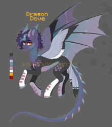 Size: 5122x5830 | Tagged: safe, artist:cherebushek, imported from derpibooru, oc, dracony, dragon, hybrid, pony, adoptable, dragon tail, facial markings, flying, horns, hybrid wings, male, reference sheet, solo, stallion, tail, unshorn fetlocks, wings