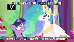 Size: 1067x600 | Tagged: safe, edit, edited screencap, editor:twi clown, imported from derpibooru, screencap, princess celestia, twilight sparkle, alicorn, pony, no second prances, season 6, bored, caption, celestia is not amused, duo, duo female, female, frown, g4, image macro, imminent explosion, jewelry, mare, nervous, partially open wings, regalia, teeth, text, tv rating, twilight sparkle (alicorn), unamused, wings