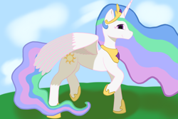 Size: 3072x2048 | Tagged: safe, artist:maonyman, imported from derpibooru, princess celestia, alicorn, cloud, cutie mark, female, g4, jewelry, lighting, looking at you, mare, raised hoof, raised hooves, regalia, shadow, sky, smiling, solo, spread wings, wings