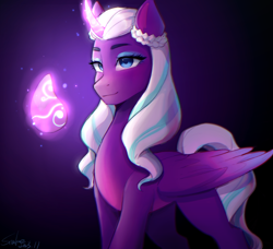 Size: 2250x2048 | Tagged: safe, artist:xiaowu07, imported from derpibooru, opaline arcana, alicorn, pony, dark background, eyeshadow, female, g5, looking at you, makeup, mare, smiling, solo