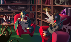 Size: 5081x3000 | Tagged: safe, artist:28gooddays, imported from derpibooru, oc, oc only, bat pony, changeling, dinosaur, pony, bat pony oc, bat wings, boat, book, bookshelf, changeling oc, couch, duo, geode, guitar, miniature, musical instrument, spaceship, wings