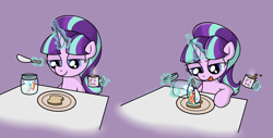 Size: 4154x2103 | Tagged: safe, artist:background basset, imported from derpibooru, starlight glimmer, pony, unicorn, bread, evil starlight, food, jar, magic, plate, pouring, simple background, solo, spatula, stolen cutie marks, table, telekinesis, toast, tongue out