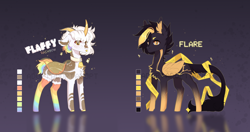 Size: 5500x2904 | Tagged: safe, artist:cherebushek, imported from derpibooru, oc, oc only, oc:flaffy rainbow, oc:flare, pegasus, pony, unicorn, adoptable, bell, bell collar, chest fluff, clothes, collar, curved horn, duo, ear fluff, horn, leonine tail, male, multiple horns, reference sheet, reflection, socks, stallion, tail