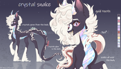 Size: 6726x3824 | Tagged: safe, artist:cherebushek, imported from derpibooru, oc, cobra, original species, pony, snake, adoptable, coat markings, crystal, ear fluff, facial markings, fangs, female, forked tongue, horns, mare, reference sheet, slit pupils, tongue out, unshorn fetlocks