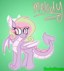 Size: 834x929 | Tagged: safe, artist:cosmicriff, imported from derpibooru, oc, oc:melody, dracony, dragon, hybrid, pony, green background, interspecies offspring, name, offspring, parent:spike, parent:sweetie belle, parents:spikebelle, simple background, watermark