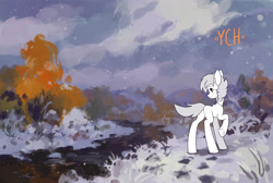 Size: 2586x1734 | Tagged: safe, artist:koviry, imported from derpibooru, oc, oc only, earth pony, pony, butt, commission, plot, river, scenery, snow, solo, water, your character here