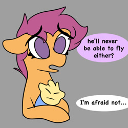 Size: 1000x1000 | Tagged: safe, artist:cosmicriff, imported from derpibooru, scootaloo, oc, oc:riptide, baby, female, mother, mother and child, older, older scootaloo, reality ensues, sad, tearjerker, unfortunate implications