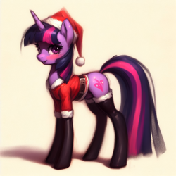 Size: 2048x2048 | Tagged: safe, imported from derpibooru, twilight sparkle, pony, unicorn, ai content, ai generated, blushing, christmas, clothes, costume, generator:bing image creator, hat, holiday, santa costume, santa hat, socks, solo, stockings, thigh highs, wrong cutie mark