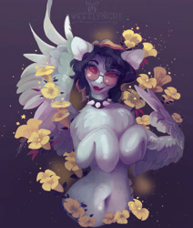 Size: 4234x5000 | Tagged: safe, artist:sweetlynight, imported from derpibooru, oc, oc only, pegasus, pony, belly button, chest fluff, choker, female, flower, glasses, mare, round glasses, spiked choker, spread wings, wings