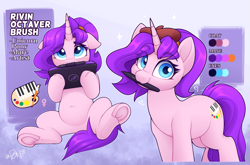 Size: 3551x2339 | Tagged: safe, artist:rivin177, imported from derpibooru, fluttershy, oc, oc:rivin, pony, unicorn, belly, belly button, beret, blue eyes, colored, cute, cutie mark, drawing tablet, duo, eye clipping through hair, eyebrows, eyebrows visible through hair, eyes open, female, floppy ears, hat, holding, horn, mare, mouth hold, pen, ponytail, reference, reference sheet, shyabetes, simple background, sitting, standing, stylus, tablet, underhoof, wide eyes