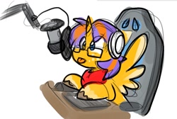 Size: 1287x863 | Tagged: safe, artist:zutcha, imported from derpibooru, oc, oc only, alicorn, pony, chair, computer mouse, freckles, gamer chair, keyboard, male, microphone, oc name needed, simple background, solo, spread wings, stallion, tongue out, white background, wings