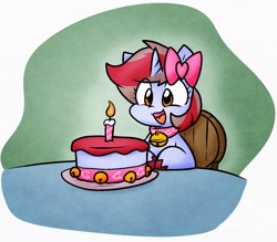 Size: 1546x1353 | Tagged: safe, artist:zutcha, imported from derpibooru, oc, oc only, oc:cinnamon lightning, pony, unicorn, bell, bell collar, birthday cake, bow, cake, candle, chair, collar, female, food, hair bow, mare, open mouth, open smile, sitting, smiling, solo, table