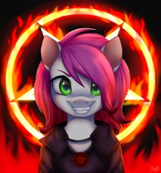 Size: 2003x2160 | Tagged: safe, artist:megabait, imported from derpibooru, oc, oc only, oc:ellie berryheart, pegasus, pony, black background, black clothes, evil, female, fire, g4, green eyes, hell, mascot, pentagram, simple background, smiling, solo, teeth