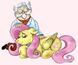 Size: 923x778 | Tagged: safe, artist:weirdcomics111, imported from derpibooru, fluttershy, human, pegasus, pony, crossover, cute, doctor aibolit, duo, duo male and female, eyes closed, female, kneeling, lying down, male, petting, pink background, prone, shyabetes, simple background