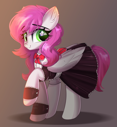 Size: 1944x2106 | Tagged: safe, artist:janelearts, imported from derpibooru, oc, oc only, oc:ellie berryheart, pegasus, pony, black eyeshadow, bow, clothes, ear fluff, eyeshadow, female, g4, green eyes, housewife, long eyelashes, maid, makeup, simple background, smiling, solo, tail, white stockings, wings