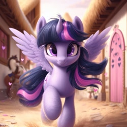 Size: 1024x1024 | Tagged: safe, imported from ponybooru, twilight sparkle, alicorn, pony, ai content, ai generated, bing, female, horse statue, it's coming right at us, looking at you, mare, ponyville, solo, spread wings, statue, twilight sparkle (alicorn), wavy mouth, wings