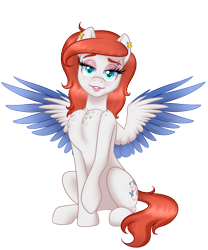 Size: 900x1080 | Tagged: safe, artist:nivimonster, imported from derpibooru, oc, oc only, oc:sketchbook, pegasus, pony, bedroom eyes, chest fluff, colored wings, colored wingtips, female, lidded eyes, looking at you, mare, simple background, smiling, solo, spread wings, transparent background, two toned wings, wings