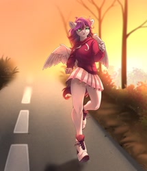 Size: 2187x2542 | Tagged: safe, artist:tenta, imported from derpibooru, oc, oc only, oc:ellie berryheart, pegasus, autumn, breasts, clothes, evening, female, green eyes, miniskirt, purple hoody, running, shoes, skirt, sneakers, solo, sports, tail, white skirt, wings