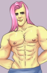 Size: 1300x2015 | Tagged: safe, artist:s_drawss, imported from derpibooru, fluttershy, anthro, abs, arm behind back, butterscotch, flutterguy, gray background, looking at you, male, male nipples, meme, muscles, muscleshy, muscular male, nipples, nudity, pecs, rule 63, simple background, solo, square jaw