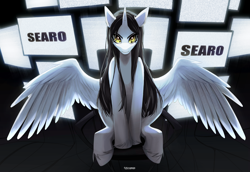 Size: 5000x3435 | Tagged: safe, artist:teturirusu, imported from derpibooru, oc, oc only, alicorn, black mane, chair, commission, cyber eyes, female, full body, light skin, long mane, looking at you, monitor, screen, sitting, solo, solo female, spread wings, wings