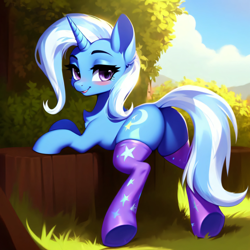 Size: 3072x3072 | Tagged: safe, imported from derpibooru, trixie, pony, unicorn, ai content, ai generated, anonymous prompter, butt, chest fluff, clothes, female, generator:purplesmart.ai, generator:stable diffusion, looking at you, looking back, looking back at you, mare, outdoors, plot, smiling, socks, solo, stockings, tail, the great and powerful ass, thigh highs