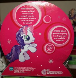 Size: 731x750 | Tagged: safe, imported from derpibooru, sweetie belle (g3), pony, unicorn, box, female, filly, foal, g3, g3.5, hasbro, hasbro logo, logo, merchandise, snow, snowflake, solo, standing on two hooves, text