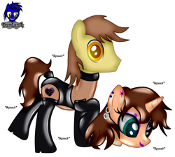 Size: 4608x4154 | Tagged: safe, artist:damlanil, imported from derpibooru, oc, oc:chloe adore, oc:ferb fletcher, pegasus, pony, unicorn, bdsm, bodysuit, boots, bound wings, clothes, collar, commission, costume, disguise, dominant, duo, eyeshadow, female, gloves, high heel boots, high heels, horn, latex, latex boots, latex gloves, latex socks, latex suit, leotard, lipstick, makeup, male, mare, mask, masking, ponysuit, raised hoof, rubber, rubber suit, shiny, shoes, show accurate, simple background, skintight clothes, socks, stallion, suit, transparent background, vector, wings