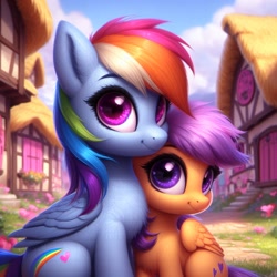 Size: 1024x1024 | Tagged: safe, imported from ponybooru, rainbow dash, scootaloo, pegasus, pony, ai content, ai generated, alternate cutie mark, bing, chest fluff, duo, female, filly, foal, mare, ponyville, scootalove
