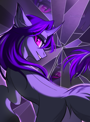 Size: 2483x3344 | Tagged: safe, artist:chamommile, imported from derpibooru, oc, oc only, oc:enderbee, pony, unicorn, commission, ear fluff, glass, grey skin, horn, long hair, looking at you, ponytail, purple eyes, purple hair, smiling, smiling at you, solo, trade, unicorn oc