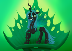 Size: 3508x2480 | Tagged: safe, artist:samenandsam, imported from derpibooru, queen chrysalis, changeling, changeling queen, to where and back again, chrysalis' throne, crown, evil grin, female, g4, green background, grin, high res, jewelry, looking at you, mare, regalia, simple background, smiling, solo, spread wings, throne, wings