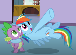 Size: 838x610 | Tagged: safe, imported from derpibooru, screencap, rainbow dash, spike, dragon, pegasus, spike at your service, cropped, duo, flying, g4, open mouth, open smile, smiling