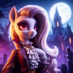 Size: 1024x1024 | Tagged: safe, imported from derpibooru, fluttershy, undead, vampire, vampony, 3d, ai content, ai generated, amulet, close-up, clothes, cute, eyes open, fangs, female, g4, generator:dall-e 3, gravestone, graveyard, jewelry, light, moon, night, pink mane, prompter:rektpay, red eyes, solo, suit