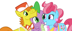 Size: 1006x429 | Tagged: safe, edit, editor:undeadponysoldier, imported from ponybooru, vector edit, carrot top, cup cake, golden harvest, spike, dragon, earth pony, pony, apron, bowtie, clothes, cute, daaaaaaaaaaaw, ear piercing, female, freckles, group hug, happy, hat, hug, male, mare, piercing, simple background, spikabetes, spikelove, stallion, transparent background, vector